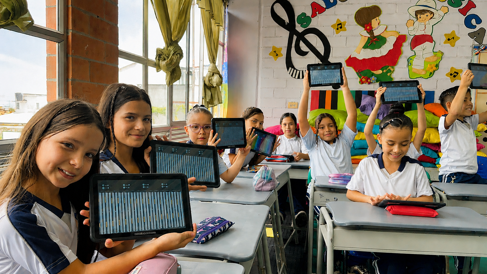Estudiantes de un aula digital en Colombia usan tabletas AVACOM durante una clase de música