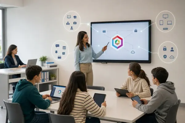 Una docente señala en la pantalla interactiva un diagrama de conexiones mientras sus estudiantes siguen la clase con tabletas