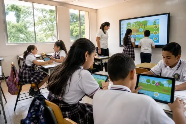 Dos estudiantes trabajan en la pizarra interactiva con la docente al lado mientras el resto de la clase usa sus tabletas