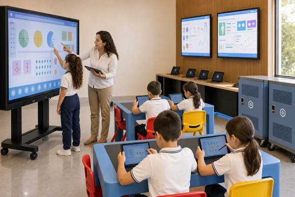 Una niña señala una fracción en la pantalla interactiva junto a su docente, con paneles de indicadores en la pared del fondo